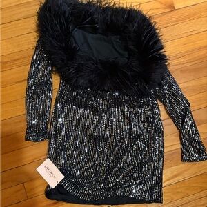 SHEIN Black Sequin Dress with Faux Fur Collar